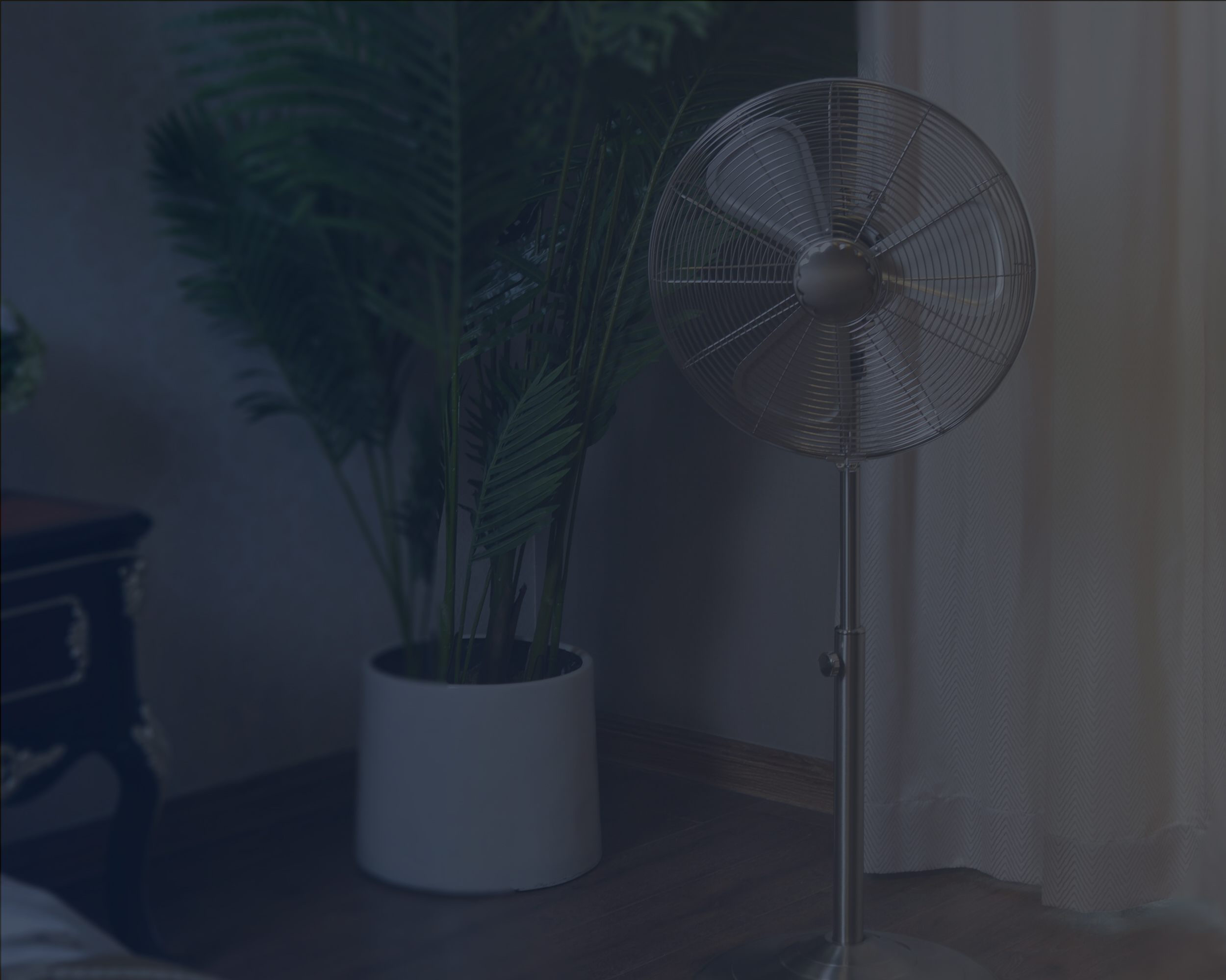 Pedestal Fan Placed in the Bedroom next to a Plant