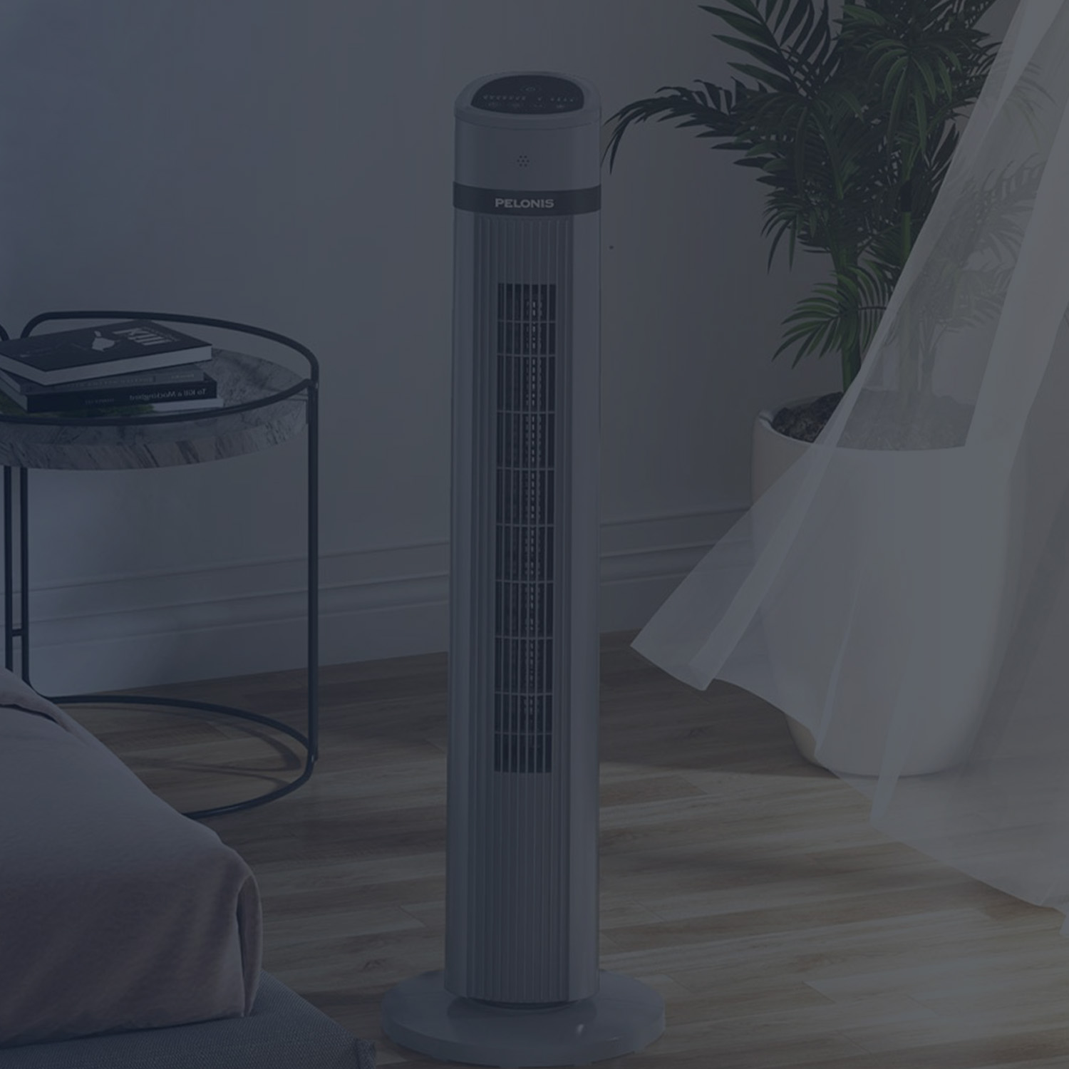 Tower Fan Placed on the Floor Between Bed and Window