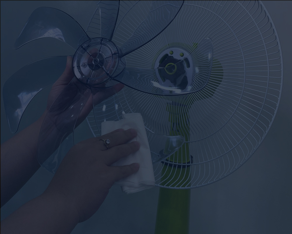 Woman Wiping the Blades of a Pedestal Fan