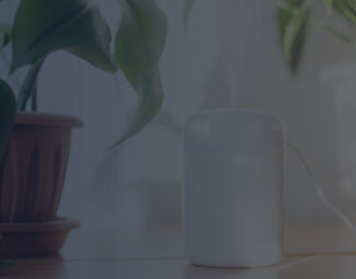 Humidifier on a table between two plants